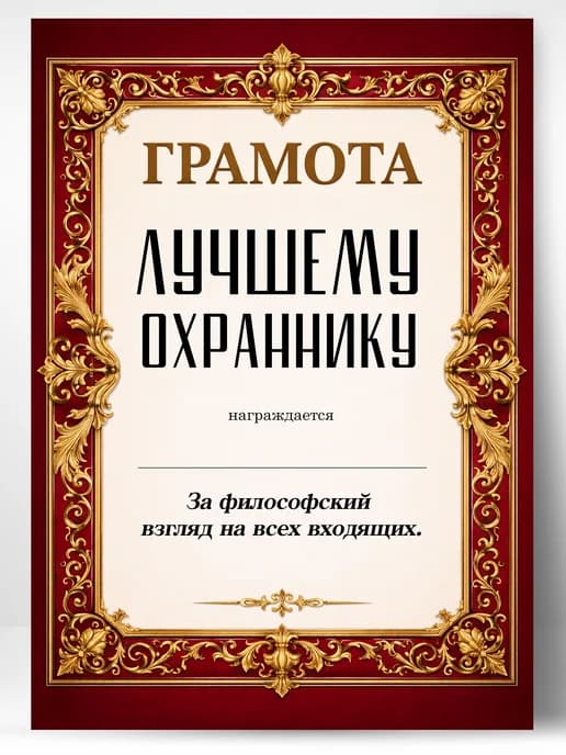 Грамота диплом в подарок - Лучшему охраннику