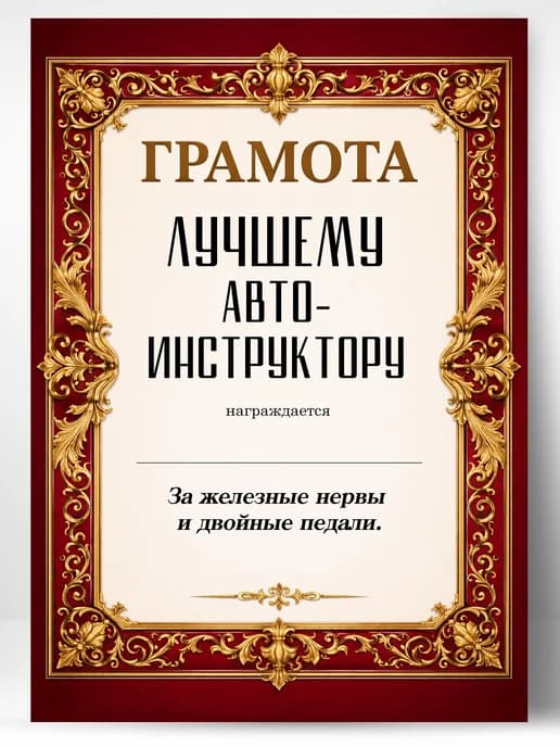 Грамота диплом в подарок - Лучшему автоинструктору