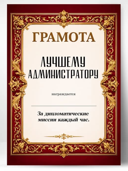 Грамота диплом в подарок - Лучшему администратору