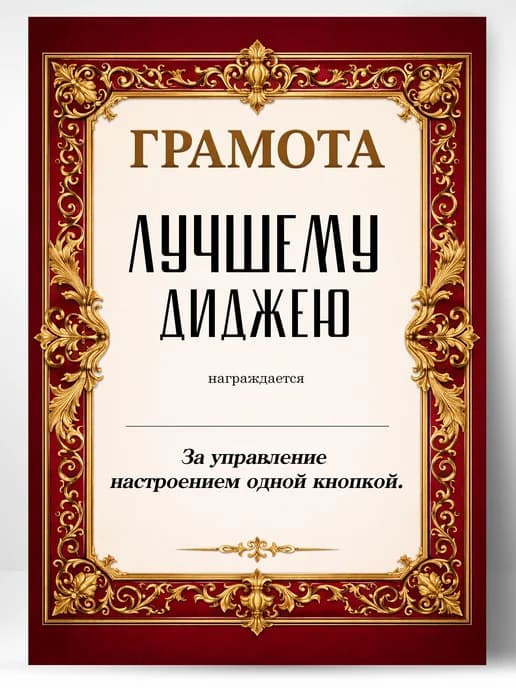 Грамота диплом в подарок - Лучшему диджею