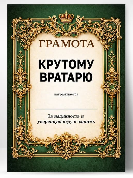 Грамота диплом в подарок - Крутому вратарю