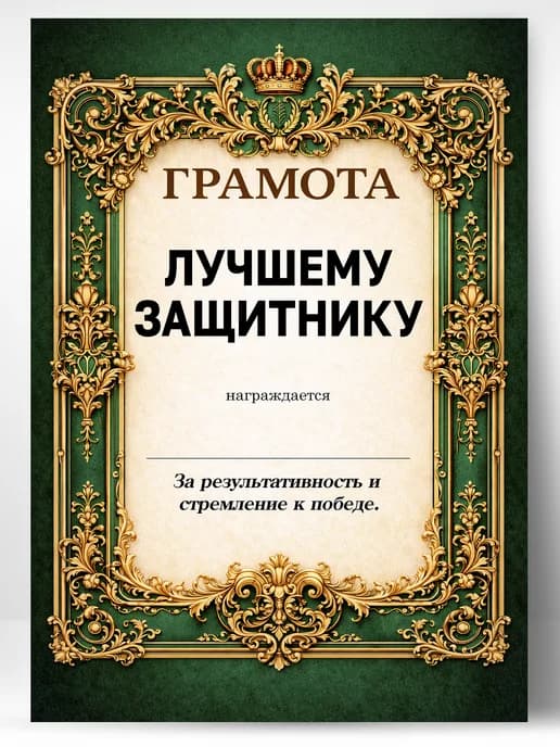 Грамота диплом в подарок - Лучшему защитнику