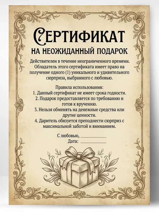 Сертификат подарочный шуточный - На неожиданный подарок