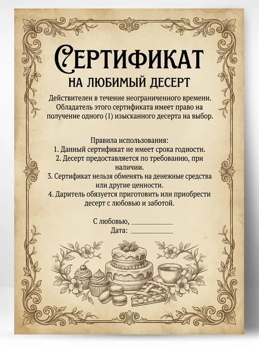 Сертификат подарочный шуточный - На любимый десерт