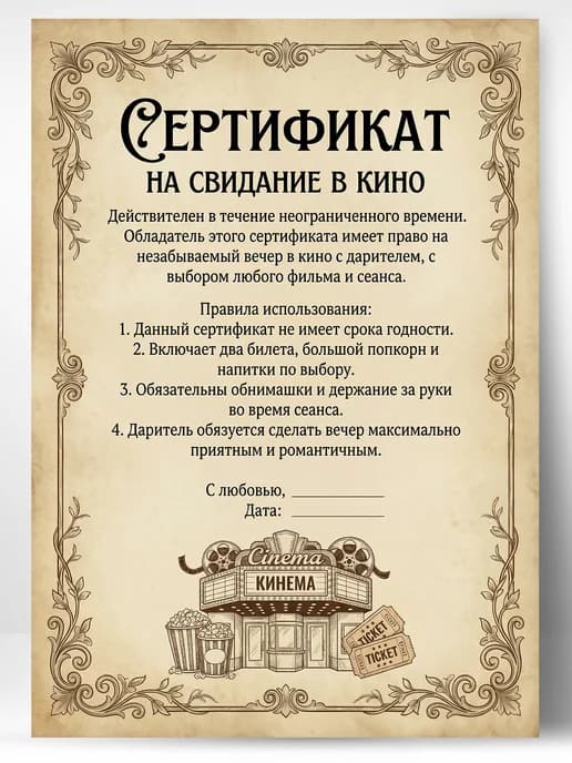 Сертификат подарочный шуточный - На свидание в кино