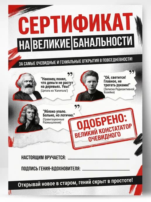 Сертификат подарочный шуточный - На великие банальности