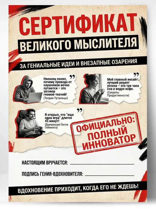 Сертификат подарочный шуточный - Великого мыслителя