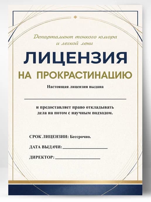 Лицензия подарочная шуточная - На прокрастинацию