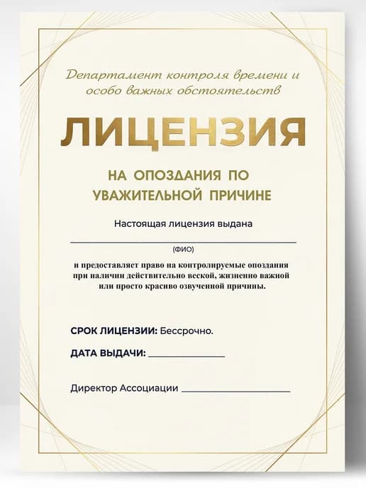 Лицензия подарочная шуточная - На опоздания