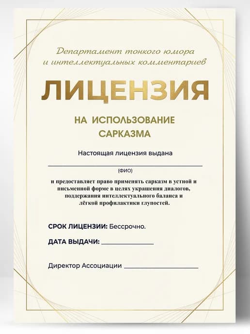 Лицензия подарочная шуточная - На использование сарказма