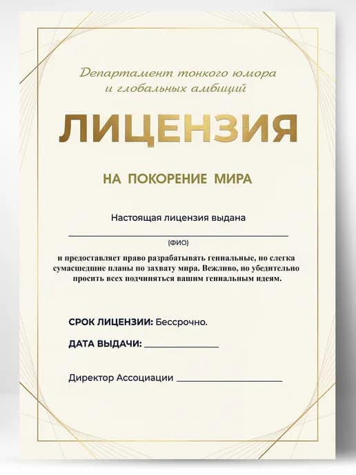 Лицензия подарочная шуточная - На покорение мира