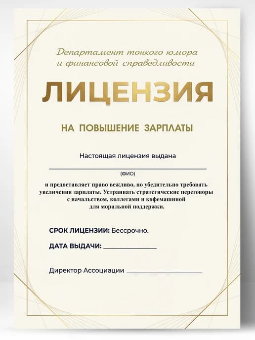 Лицензия подарочная шуточная - На повышение зарплаты