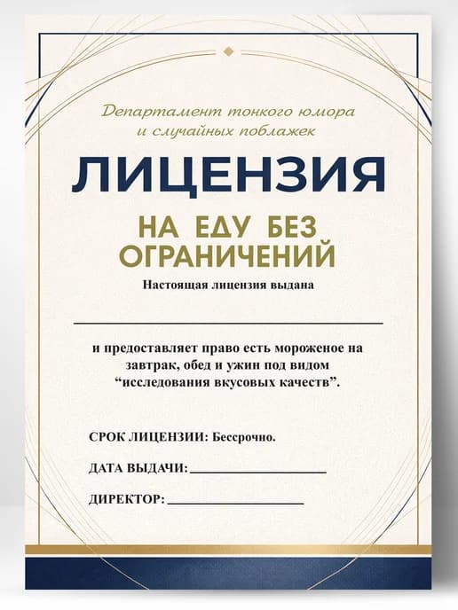 Лицензия подарочная шуточная - На еду без ограничений