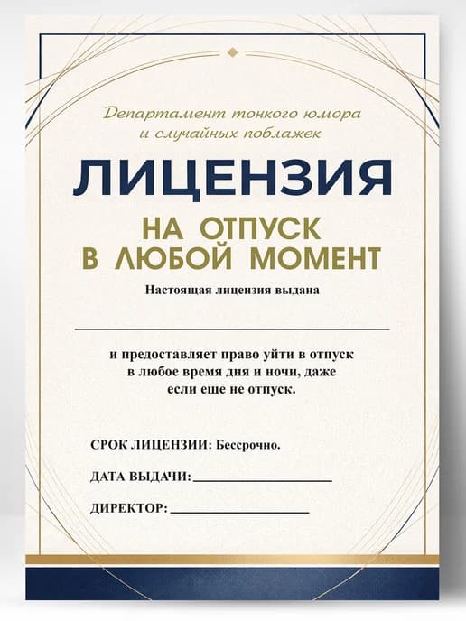 Лицензия подарочная шуточная - На отпуск в любой момент