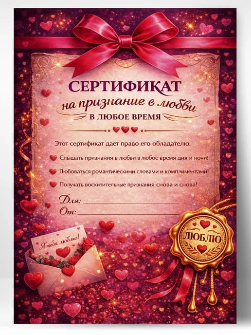 Сертификат подарочный - На признание в любви в любое время