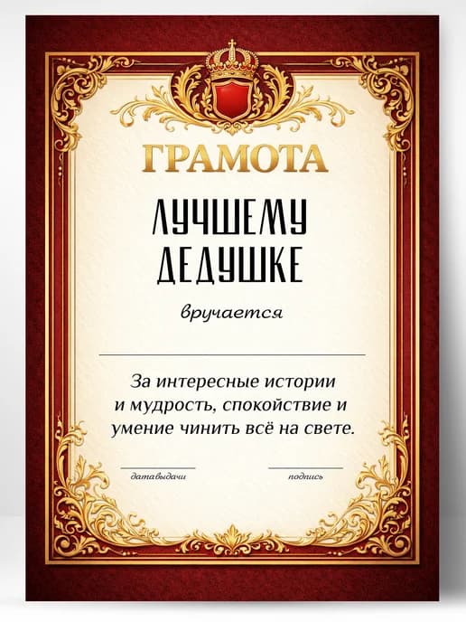 Грамота диплом в подарок - Лучшему дедушке