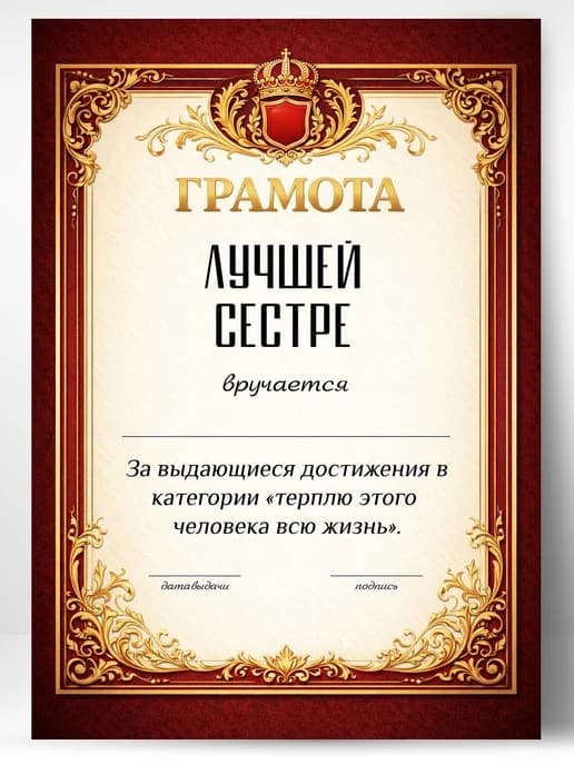 Грамота диплом в подарок - Лучшей сестре