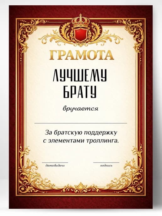 Грамота диплом в подарок - Лучшему брату