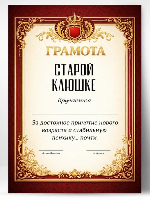 Грамота диплом в подарок - Старой клюшке