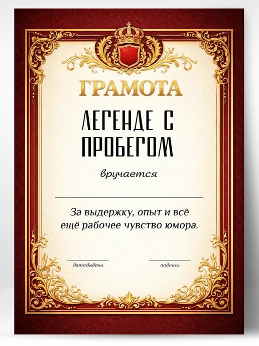 Грамота диплом в подарок - Легенде с пробегом