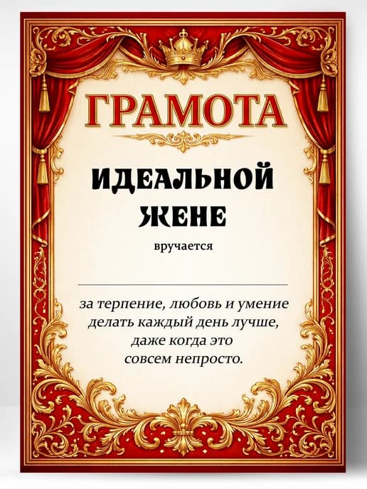Грамота диплом в подарок - Идеальной жене