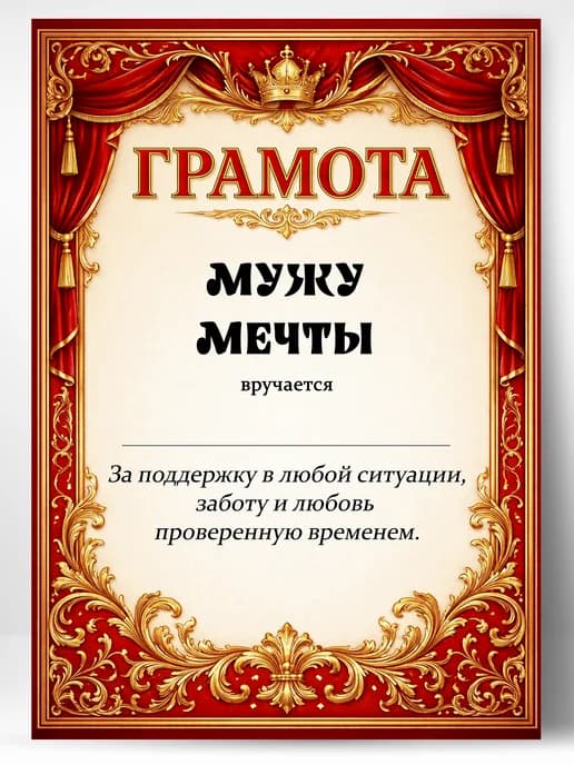 Грамота диплом в подарок - Мужу мечты