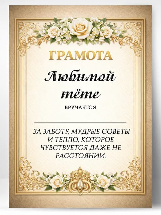 Грамота диплом в подарок - Любимой тёте