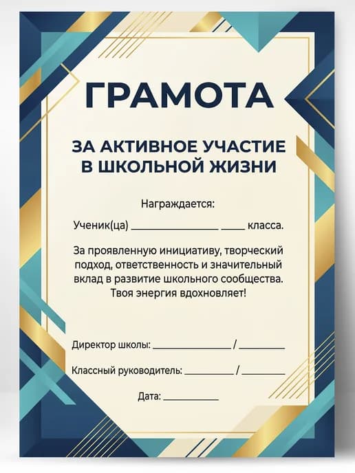 Грамота школьная - За активное участие в школьной жизни