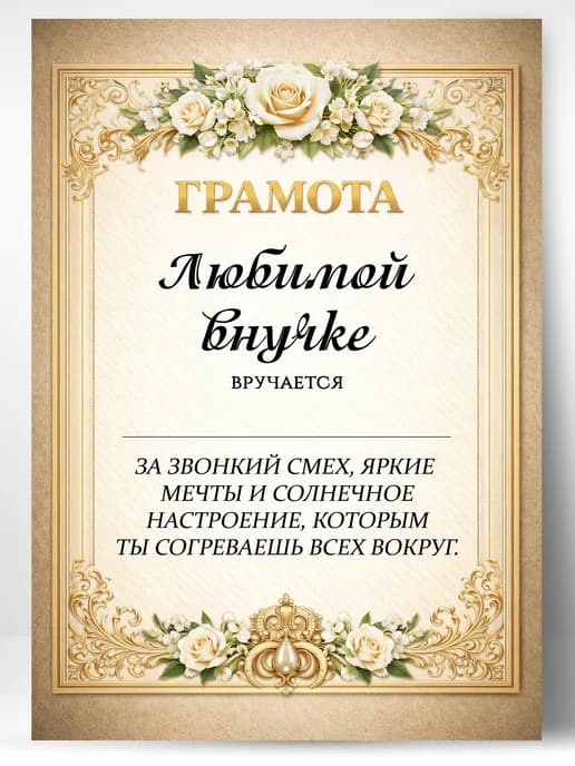 Грамота диплом в подарок - Любимой внучке