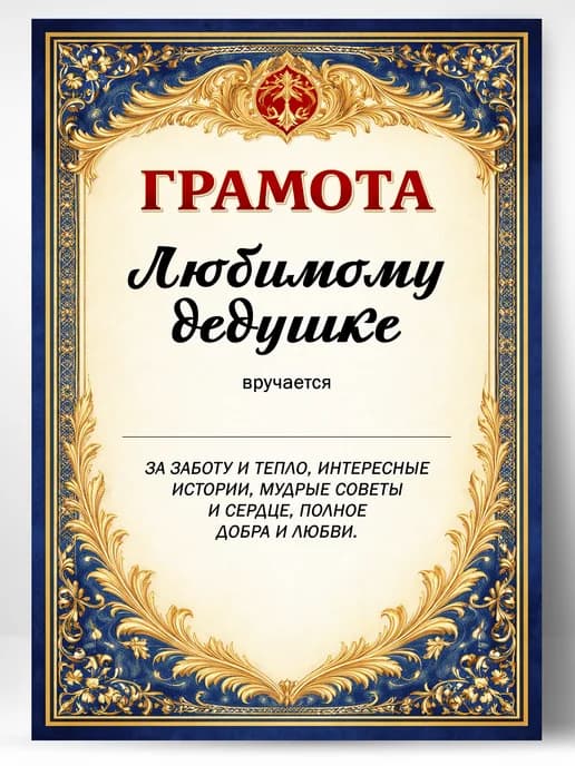 Грамота диплом в подарок - Любимому дедушке