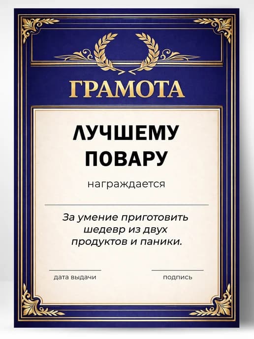 Грамота диплом в подарок - Лучшему повару