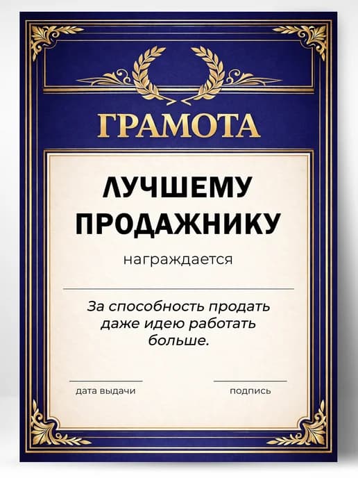 Грамота диплом в подарок - Лучшему продажнику