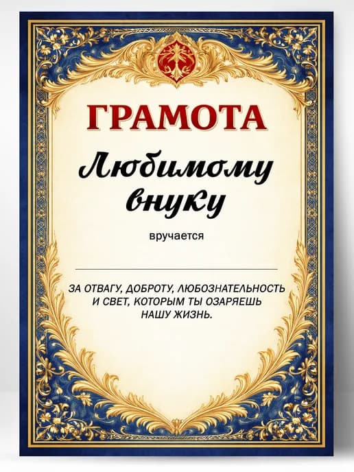 Грамота диплом в подарок - Любимому внуку