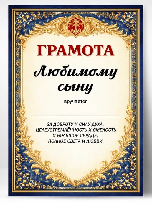 Грамота диплом в подарок - Любимому сыну