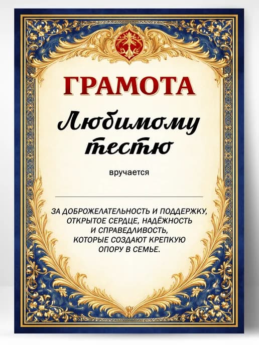 Грамота диплом в подарок - Любимому тестю
