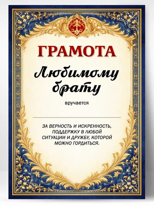 Грамота диплом в подарок - Любимому брату