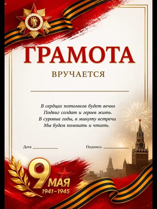 Грамота диплом наградная на 9 мая