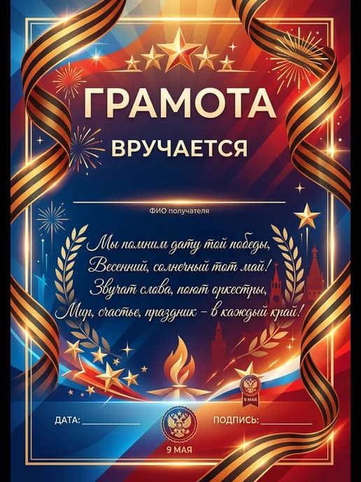 Грамота диплом наградная на 9 мая