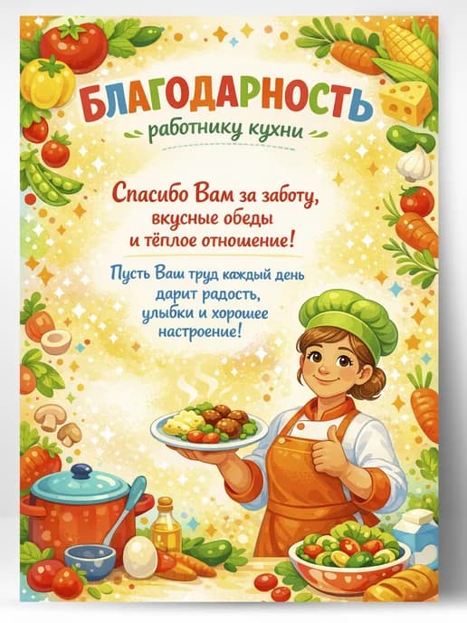 Грамота благодарность работнику кухни