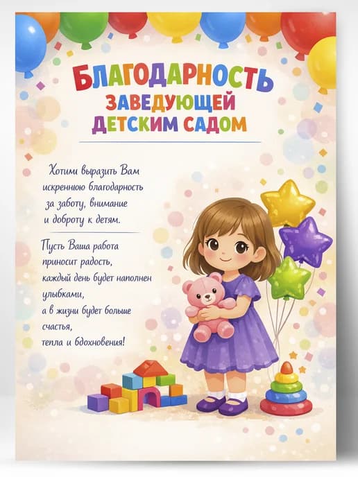 Грамота Благодарность заведующей детским садом