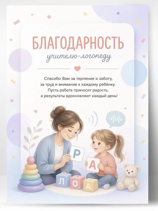 Благодарность учителю-логопеду, грамота подарочная