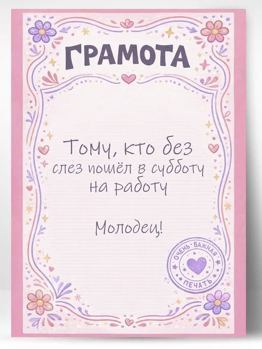 Грамота подарочная - Тому, кто без слез пошел на работу